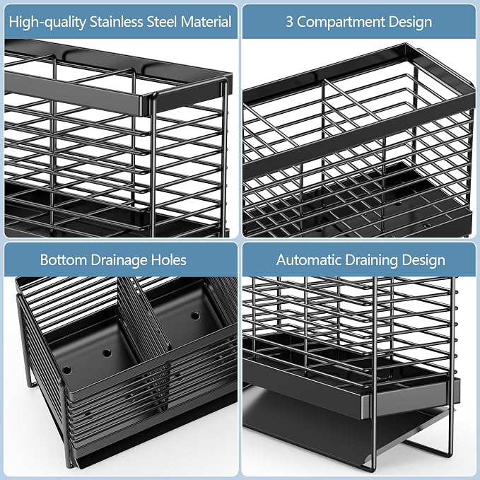Utensil Holder, Upgrade Stainless Steel Utensil Drying Rack with Automatic Drain Tray for Kitchen Counter, Silverware Cutlery Organizer for Spoons, Forks, Knifes, Chopsticks (Black)