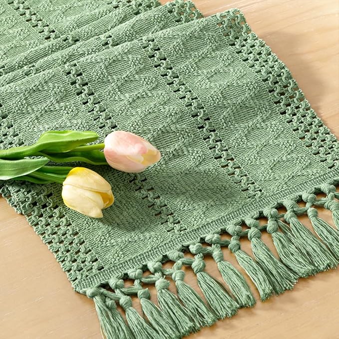 Socomi Boho Table Runner Macrame Long Summer Farmhouse Woven Cotton Linen Rustic Coffee Table Runner with Tassels for Dresser Scarf Home Decor Dining Room Sage Green 12x108 inch