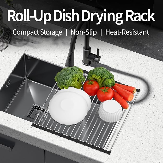Dish Drying Rack with Roll Up and Over Sink for Kitchen 17"X15.7" (Black)