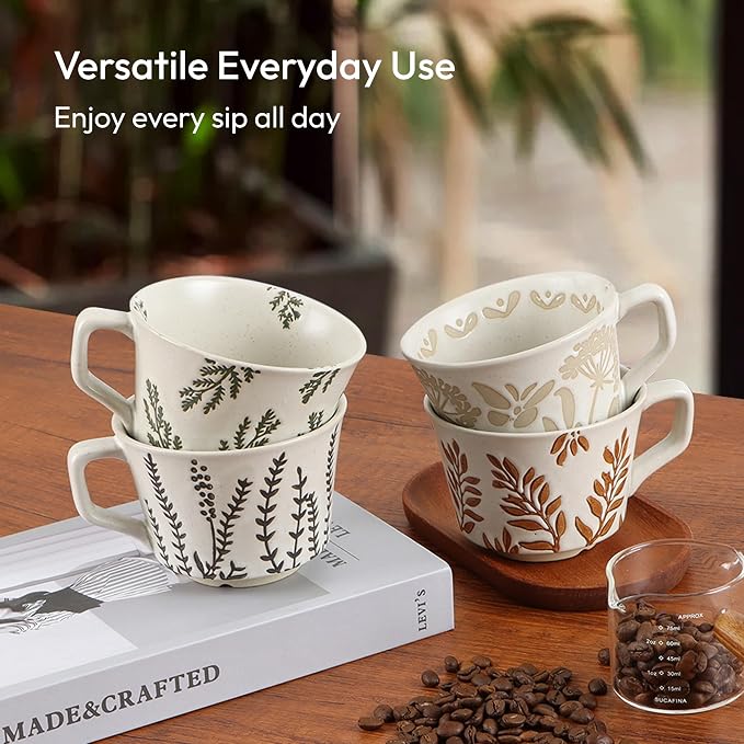 Ceramic Coffee Mug, 11 oz Small Novelty Unique Teacup with Handle, Stoneware Cup for Tea Mocha Latte Cappuccino (Set of 4, Plants)