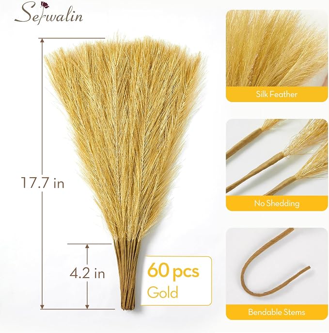 Serwalin 60Pcs Gold Pampas Grass Decor, 17.7" Faux Pampas Grass, Artificial Short Pompas Grass Branches Fluffy Plant Vase Filler Boho Decoration for Home Wedding Party