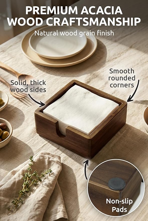 Acacia Cocktail Paper Napkin Holder Square 5.4x5.4 inches, Wood Flat Napkin Tray, Cocktail Napkin Caddy For Kitchen Décor, Restaurant Countertop Bar Accessories