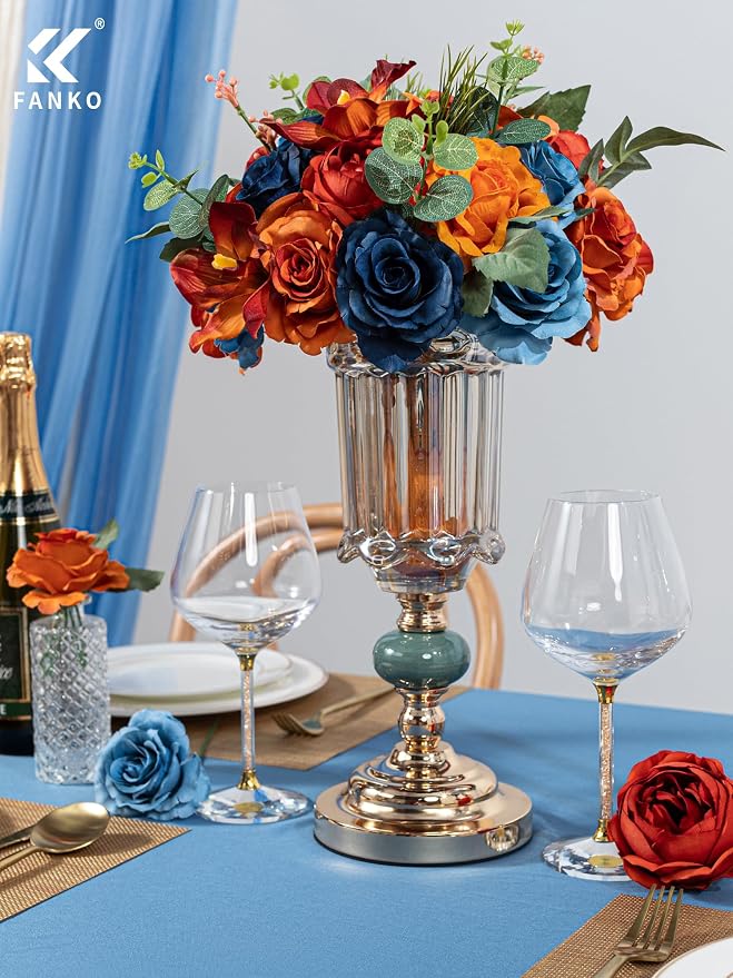 FANKO Artificial Flowers for DIY, Dusty Blue Navy Burnt Orange Faux Flowers Bouquet, Fake Rose Lily Silk Flowers for Vase, Home Decor, Celebrations, Summer Wedding, Rustic Events, Party