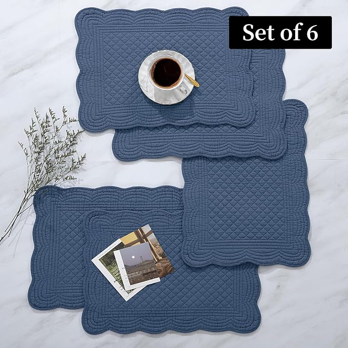 HOMBYS Quilted Placemats Set of 6 Washable-13x18 inches Rectangular Placemats for Kitchen Table-100% Cotton Fabric Rectangular Table Mats, (Sapphire Blue)