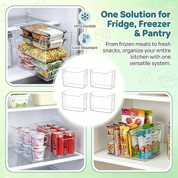 Clear Freezer Storage Bins, 4 Pack Clear Plastic Bins for Refrigerator and Pantry, Stackable Kitchen Cabinet Organizer with Handles for Kitchen, Office, Closet, Freezer organization(B-2L+2S)