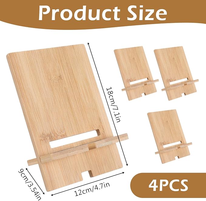 4-Pack Bamboo Book Display Stand, Adjustable Wooden Cookbook Holder & Plate Easel for Display, Splinter-Free Recipe Book Stand for Kitchen Counter, Tablets, Photos, Textbook, Art (6.6x3.9”)