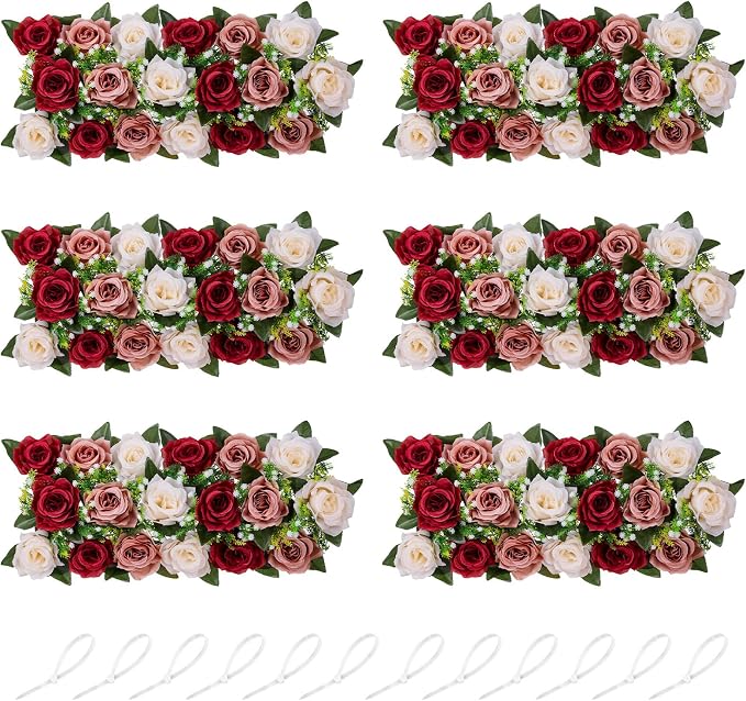 NUPTIO Artificial Flower Centerpieces for Tables - 6 Pcs Burgundy & Dusty Rose & Creamy White Flowers 19.6in Long Fake Roses Arrangements - Faux Floral Arrangement for Wedding Centerpiece