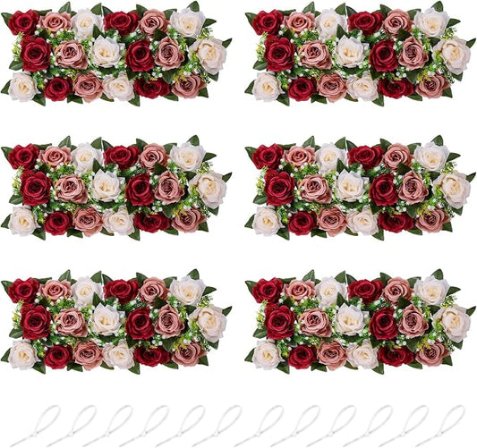 NUPTIO Artificial Flower Centerpieces for Tables - 6 Pcs Burgundy & Dusty Rose & Creamy White Flowers 19.6in Long Fake Roses Arrangements - Faux Floral Arrangement for Wedding Centerpiece