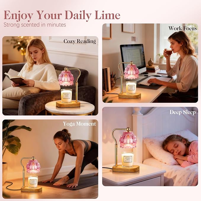 Candle Warmer Lamp with Timer Dimmer, Modern Wax Warmer for Scented Wax Jar Candle Warmer with 2 Bulbs, Adjustable Height Glass Lamp for Gifts for Women, House Warming Gifts, Home Decor, Gold Pink