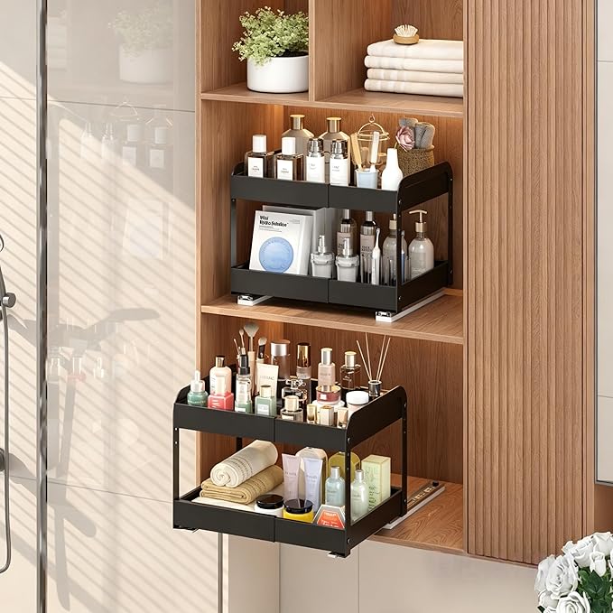 Across-Star Expandable Pull Out Drawers For Shallow Cabinets, 2-Tier Slide Out No Drill Adhesive Kitchen Cabinet Organzier, Adjustable Roll Out Sliding Shelf For Short Upper Cabinet Pantry