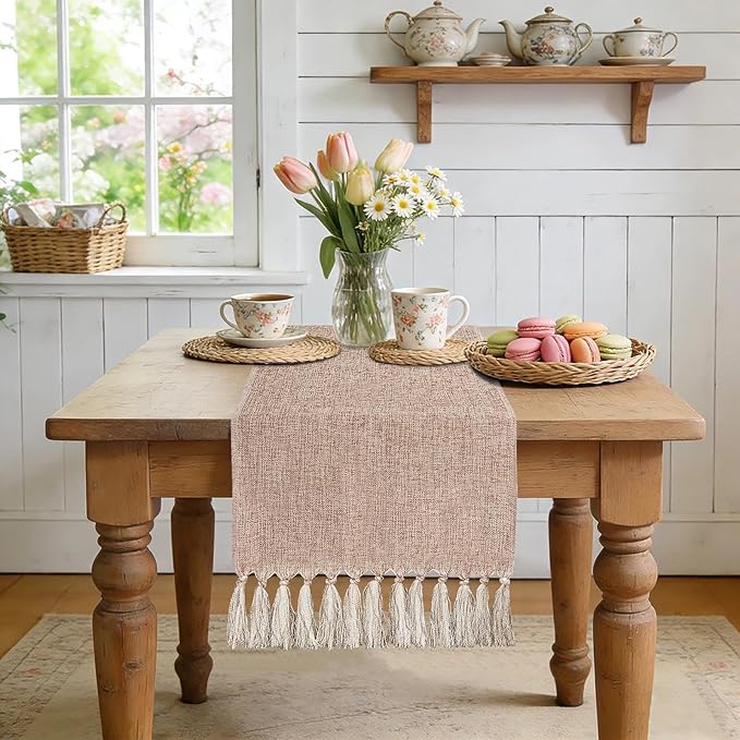 yuboo Boho Table Runner 48 Inches - Neutral Coffee Table Runner for Living Room, Spring Mother‘s Day Decor, Small Round Dining Table, Dresser Scarves (55" with Tassels)