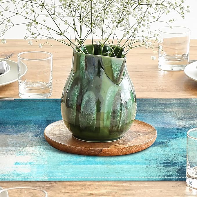 Teal Grey Table Runners Modern Art Farmhouse Linen Turquoise Table Runners Dresser Scarves Retro Rustic Style for Party Kitchen Dining Table Coffee Holiday Party Decor (Teal Grey, 13"x 71")