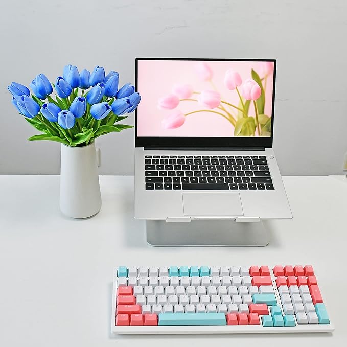 Mandy's Light Blue Artificial Tulips Flowers Centerpiece, 13.5" Lifelike PU Fake Floral Stems 20pcs for Kitchen Island & Dining Table, Spring Decor for Easter
