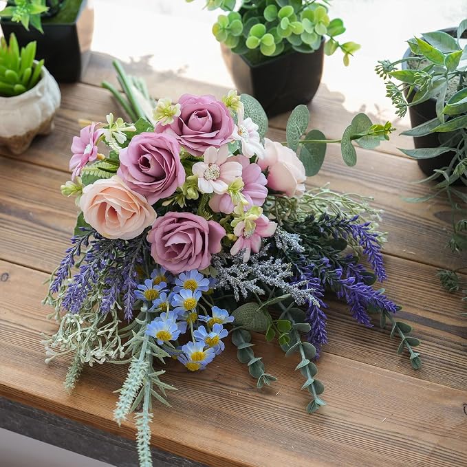 15 Inch Artificial Silk Flowers Bouquet with Roses, Eucalyptus, Baby's Breath, Daisies, Lavender, Sage & Chamomile - Realistic Faux Floral Arrangement for Home Decor Centerpiece