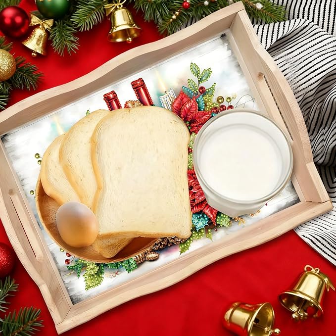 BAYUNOE DIY Diamond Serving Tray Christmas Rectangular Breakfast Tray with Handle Handmade Diamond Art Painting Wooden Tray for Dinner Plate Coffee Room Living Home Organizer-Champagne