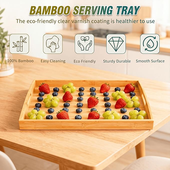 Bamboo Serving Tray Set of 2 with Handles, Nesting Wooden Serving Trays for Food & Drinks, Coffee Table Ottoman Tray for Living Room Decor, Large 16.9" x 12.7" x 1.5" & Small 15.6" x 11.7" x 1.5"
