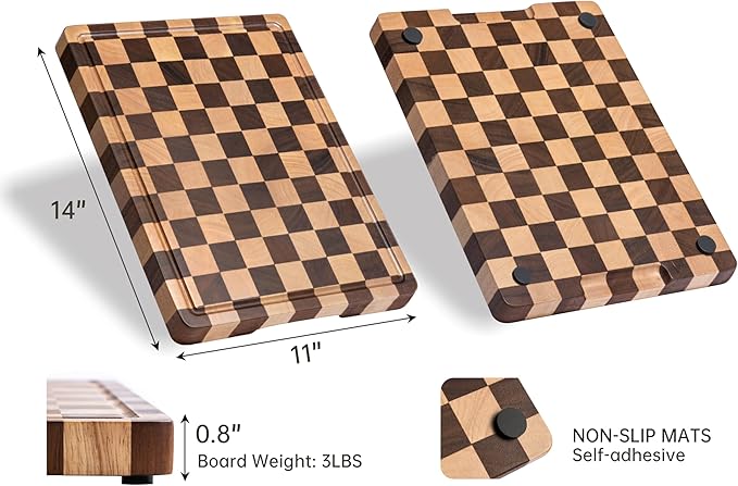 THETCHRY Cutting Boards for Kitchen, Checkered Cutting Board End Grain, Acacia Wooden Chopping Board with Juice Groove & Handle, Serving Tray for Meat, Bread & Fruit, 14"L x 11"W x 0.8"Th