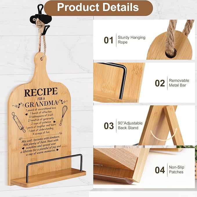 Christmas Gifts for Grandma Retirement Gifts Cookbook Stand Bamboo Recipe Book Holder Kitchen Gifts for Women Adjustable Non-Slip Cook Book Stand for Kitchen Counter