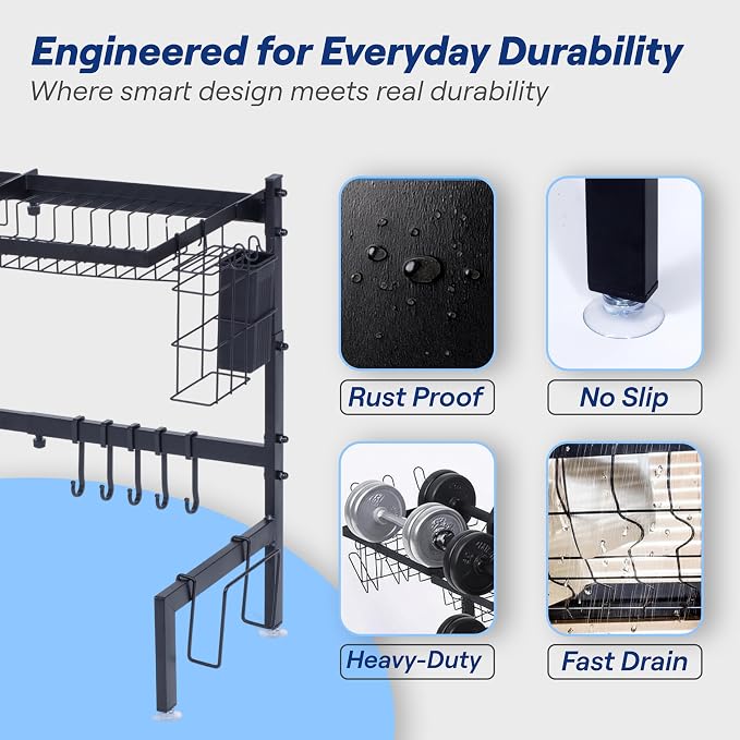 Over The Sink Dish Drying Rack - Adjustable 26.8"-34.6" Stainless Steel Large Dish Rack Over Sink Drying Rack with Utensil Holder, Black
