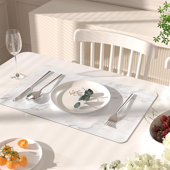 QiyI Placemats Set of 6, 12x18 Inch Faux Leather Place Mats for Kitchen Dinning, Heat Resistant Anti Slip Table Mats, Waterproof Wipeable Washable Placemat Party Table Décor, White Marble