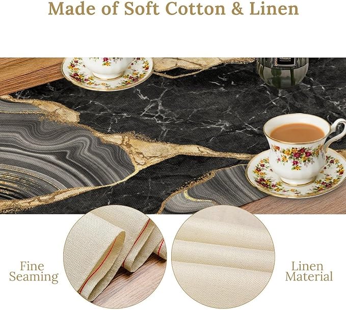 Marble Table Runner, Black Grey and Gold Abstract Modern Luxury Texture Printed Linen Table Runners for Farmhouse Kitchen Dining Room Party Holiday Decor 13" W x 72" L