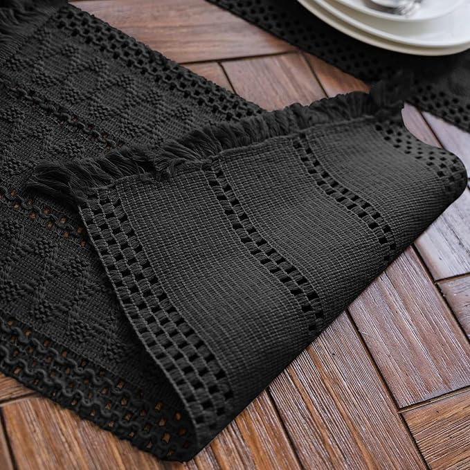Macrame Table Runner Pure Black Boho Table Runners with Tassels Hand Woven Cotton Table Runner Rustic Farmhouse Table Runners for Bohemian Kitchen Dining Table(12x71in)