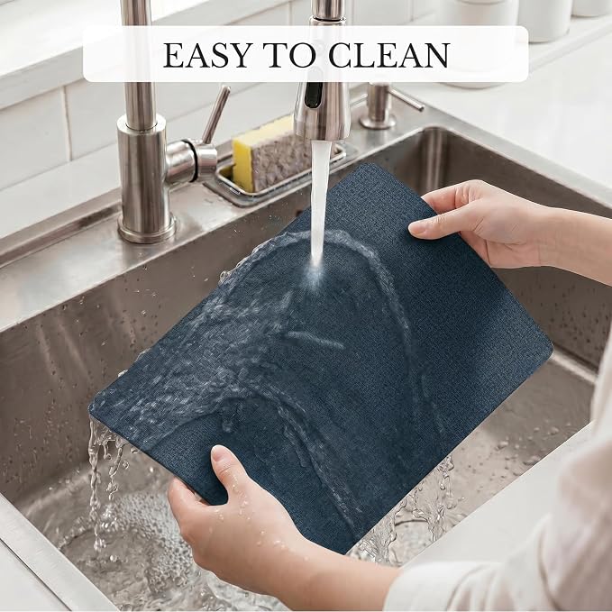 Romanstile Vinyl Placemats Set of 4, Reversible Faux Leather Heat Resistant Wipeable Table Mats, Waterproof Washable Non-Slip Table Placemats for Dining/Kitchen/Outdoor (Grey Nave Blue, 12" x 17")