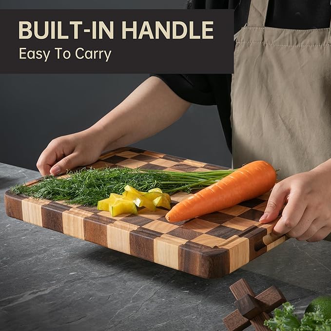 Checkered Cutting Boards for Kitchen, Acacia Wooden Chopping Board with Juice Grooves & Handles, 1.4" Thickened Butcher Block for Meat, Vegetables and Fruits with Gift Box, 1.4" x "16" x 11"