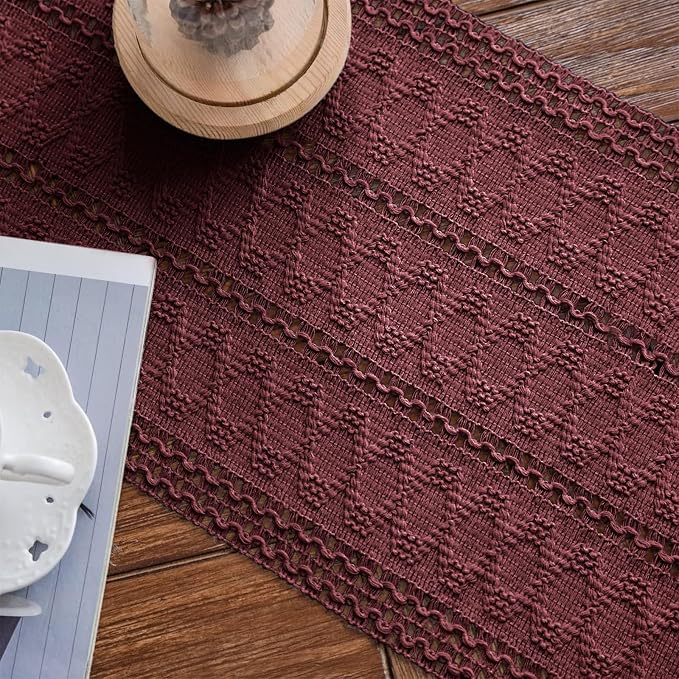 Macrame Table Runner Burgundy Boho Table Runners with Tassels Hand Woven Cotton Table Runner Rustic Farmhouse Table Runners for Bohemian Kitchen Dining Table(12x71in)
