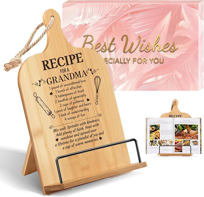 Christmas Gifts for Grandma Retirement Gifts Cookbook Stand Bamboo Recipe Book Holder Kitchen Gifts for Women Adjustable Non-Slip Cook Book Stand for Kitchen Counter