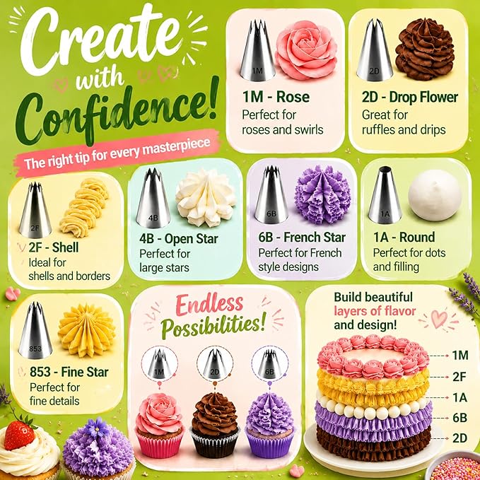 Hendiy Large Piping Tips Set, 11 Pieces Seamless Stainless Steel Cake Decorating Tips Kit, Reusable Piping Bags and Tips Frosting Icing Set for Cupcakes Cookies (2D 2F 1M 4B 1A 6B 853)