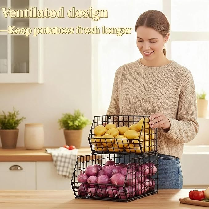 2-Tier Stackable Wire Baskets for Counter, Potato and Onion Storage Bin, Fruit and Vegetable Storage Bins with Ventilated Mesh，Kitchen Pantry Organizer - Wall Basket for Produce/Snack/Can, Black