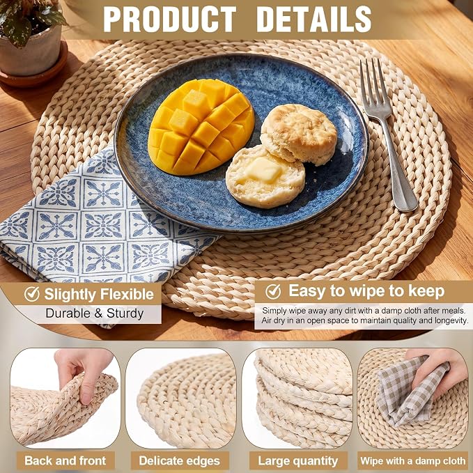 Set of 12 Round Woven Corn Husk Placemats 11.8'' Boho Farmhouse Placemats for Tabletop Decor Elegant Dining Wedding Christmas Thanksgiving Day Holiday Dinner Party Housewarming Gifts Daily