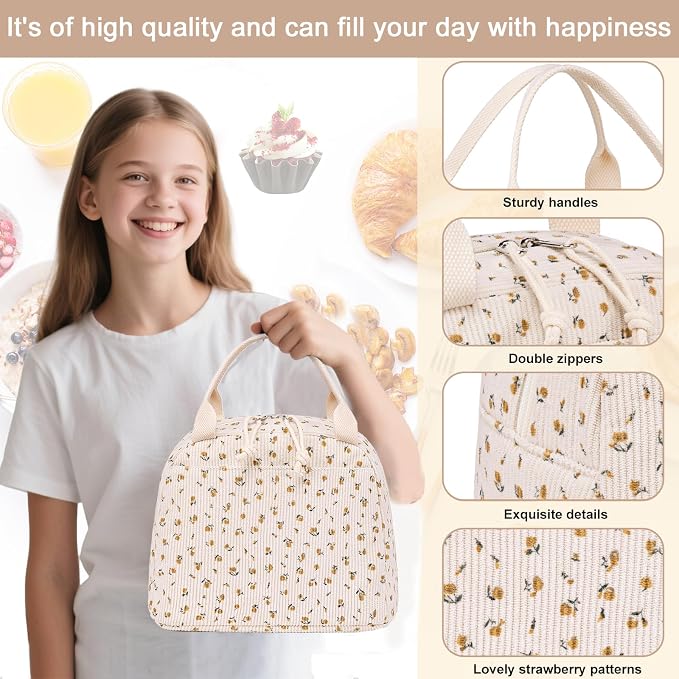 LEDAOU Lunch Box for Women Insulated Lunch Bag Corduroy Lunch Tote Bags Leakproof Cooler Lunch Case for Travel Work Picnic