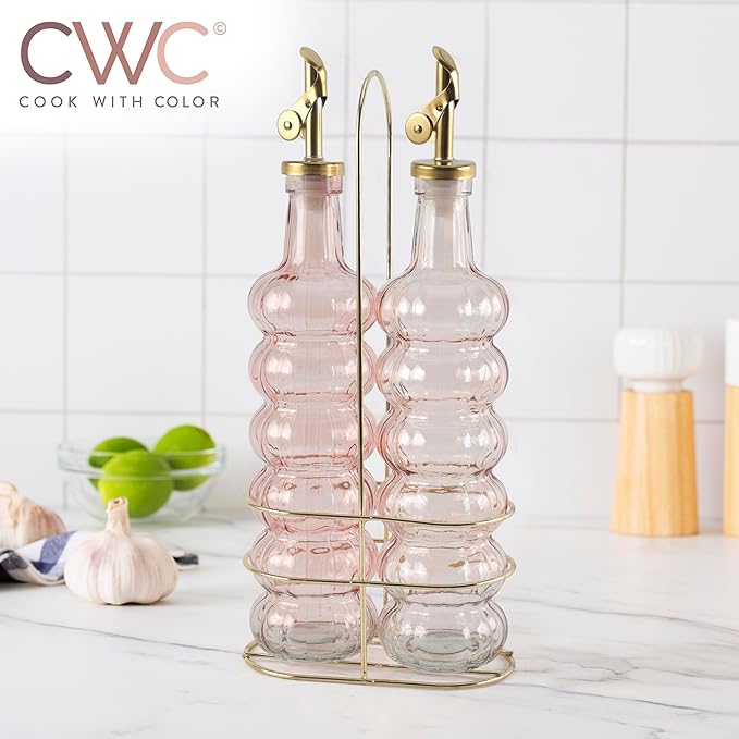 COOK WITH COLOR Glass Olive Oil Bottle Dispenser - 2 Pack- 17oz Oil and Vinegar Cruet - Olive Oil Carafe Decanter for Kitchen, Elegant Waves, Pink