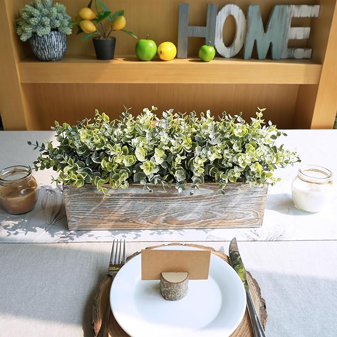 Winlyn 14" Artificial Eucalyptus in Rustic Rectangular Wooden Planter Box Faux Potted Eucalyptus Plant Greenery Arrangement for Home Wedding Dining Table Centerpiece Farmhouse Mantel Shelf Décor