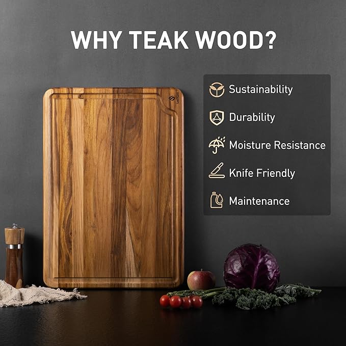 Extra Large Teak Wood Cutting Board 20inch for Kitchen Non Slip Feet Over Sink Butcher Block Chopping Board Nice Solid Thick Wooden Juice Groove Big Xl XXl large Best Hardwood Kitchen Counter Organic