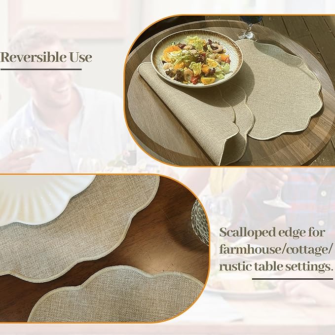 AHHFSMEI Round Faux Linen Placemats Set of 4 Heat Resistant Non-Slip Stain Proof Table Mats for Kitchen Dining Elegant Decor Place Mats (Linen Beige,4)