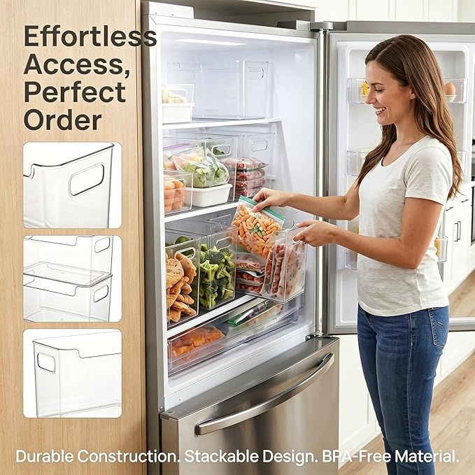 Clear Freezer Storage Bins, 4 Pack Clear Plastic Bins for Refrigerator and Pantry, Stackable Kitchen Cabinet Organizer with Handles for Kitchen, Office, Closet, Freezer organization(B-2L+2S)