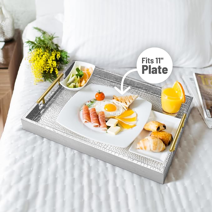 ATZYmolin 17" x 12" Wood Serving Tray with Gold Polished Metal Handles, Home Decorative Wooden Rectangle Ottoman Leather Decor Platter Bathroom Vanity Tray for All Occasions Alligator Silvery