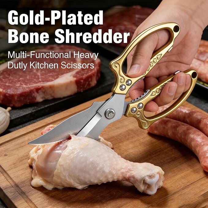 Premium Gold Kitchen Shears Heavy Duty, Stainless Steel Multipurpose Scissors for Chicken, Meat, Poultry, Seafood & Vegetables, Sharp Food Cutting Scissors for Kitchen Use