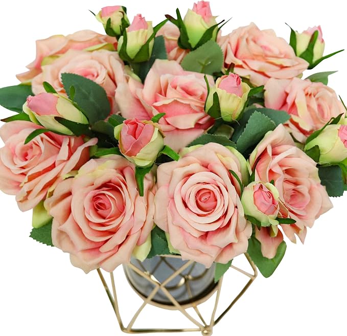 Faux Flowers with Vase, Silk Roses Bouquet Artificial Flowers in Vase, Fake Flowers Floral Arrangement for Home Decor Indoor, Table Centerpieces Flowers Decoration for Farmhouse (Pink)