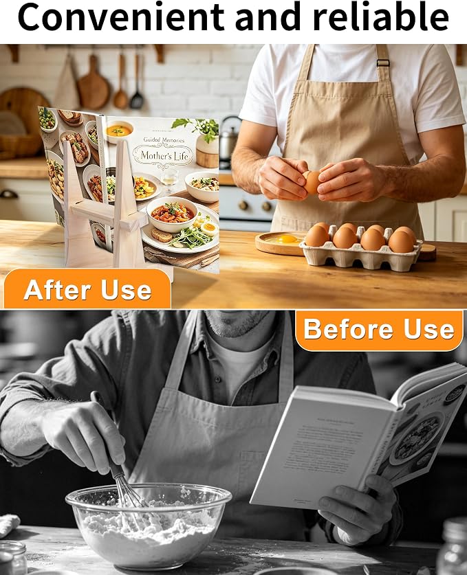 Cookbook Stand for Kitchen, Wooden Cookbook Holder, Rustic Cook Book Holder Stand with Natural Wooden Grains, Recipe Book Holder for Kitchen Counter Gift for Home Chefs Cook Lovers
