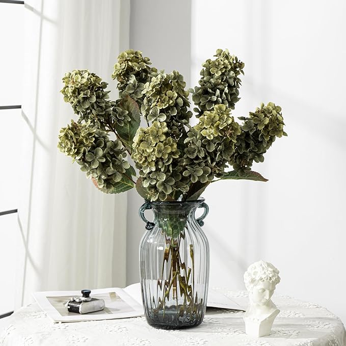 Ttranewsoo Green Hydrangea Artificial Flowers,Fake Fall Flowers Silk Hydrangea with Stems,Fall Faux DIY Floral for Table Vase,Hydrangeas Bouquet Indoor and Outdoor Decoration 24"（ Green） 8pcs No Vase