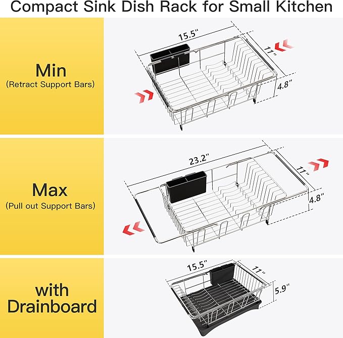 JASIWAY Dish Drying Rack in Sink, Expandable Stainless Steel Dish Drainers with Drainboard for Kitchen Counter, Space Saving Dish Dryer Rack, Over The Sink Dish Racks with Utensil Holder, Sliver