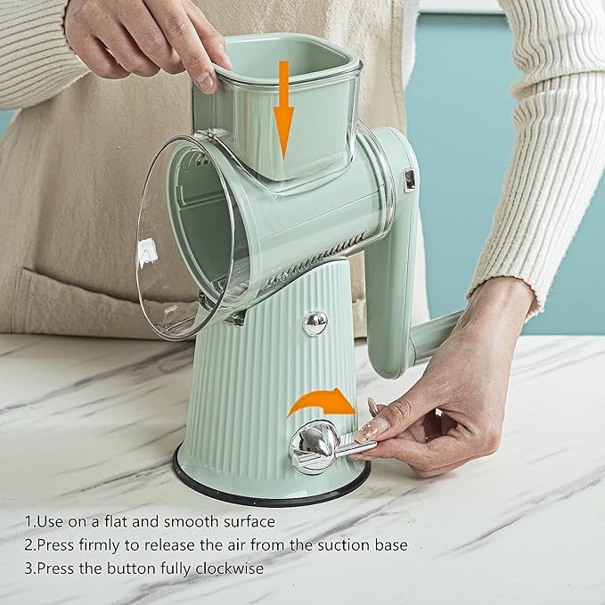 Rotary Cheese Grater with Handle: 5 in 1 Cheese Grater Hand Crank Cheese Shredder with Strong Suction Base Kitchen Vegetable Slicer with 5 Interchangeable Blades, Storage Box, Green