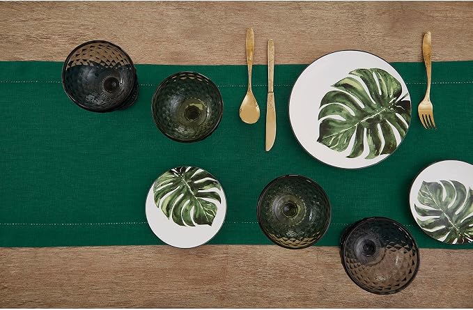 Solino Home Linen Rainforest Green Table Runner 120 Inches Long - 100% Pure Linen Hemstitch 14 x 120 Inch Table Runner for Dining - Classic Hemstitch