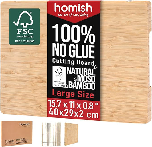 Large Bamboo Cutting Board with Handle – TRULY Non Toxic Glue Free 0.8" Thick Wood Chopping Serving, Pre-Oiled, Kitchen Essential Gift 15.7"x11"/ 40x29cm - Dishwasher Safe [New 2026 Upgrade]
