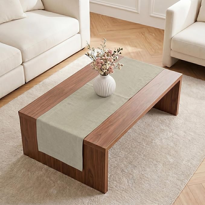 Solino Home Linen Table Runner 48 Inches - 100% Pure Linen Vintage Khaki Table Runner 14 x 48 Inch Ideal for Dresser and Coffee Tables, Spring, Summer - Fete