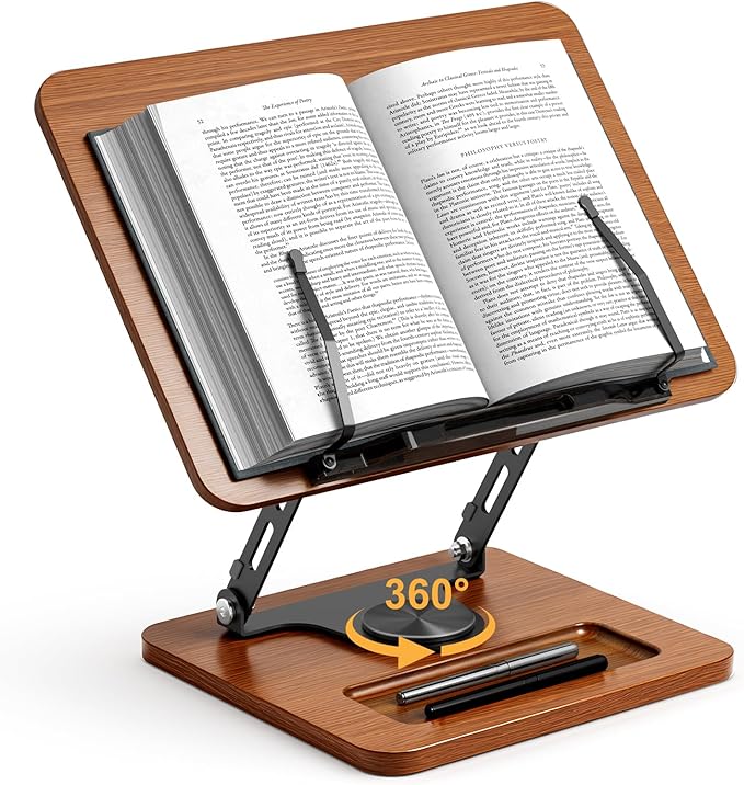 OPTIXCELL Book Stand for Reading, 360° Rotating Hands Free Book Holder, Adjustable Height and Angle, Page Clip for Cookbook, Recipe, Magazine, Laptop,Tablet, Foldable for Kitchen, Office, School
